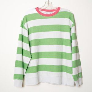 Frank & Oak White and Light Green Striped Sweatshirt with Pink Neckline